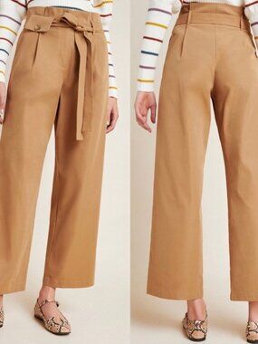 NEW Jessy B Anthropologie Mariela Tie Waist Wide Leg Pants Khaki Brown Womens M